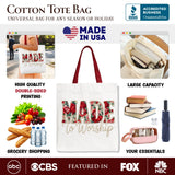 Made to Worship Printed Faux Yarn Crochet Christian Tote Bag, Floral Retro Faith Gift Shopper