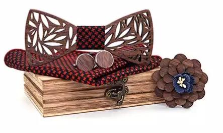 Men Wooden Bow Tie Set- Red